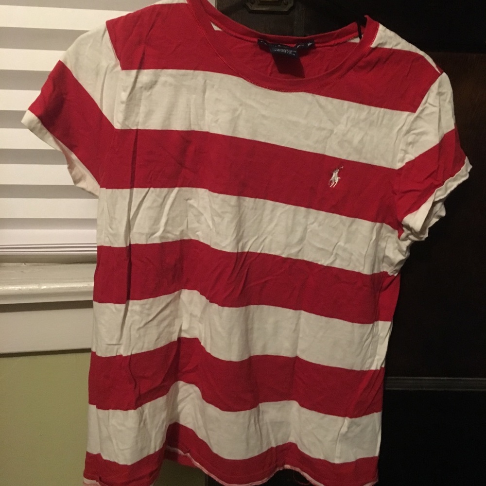 Ladies red and white striped Polo T-shirt